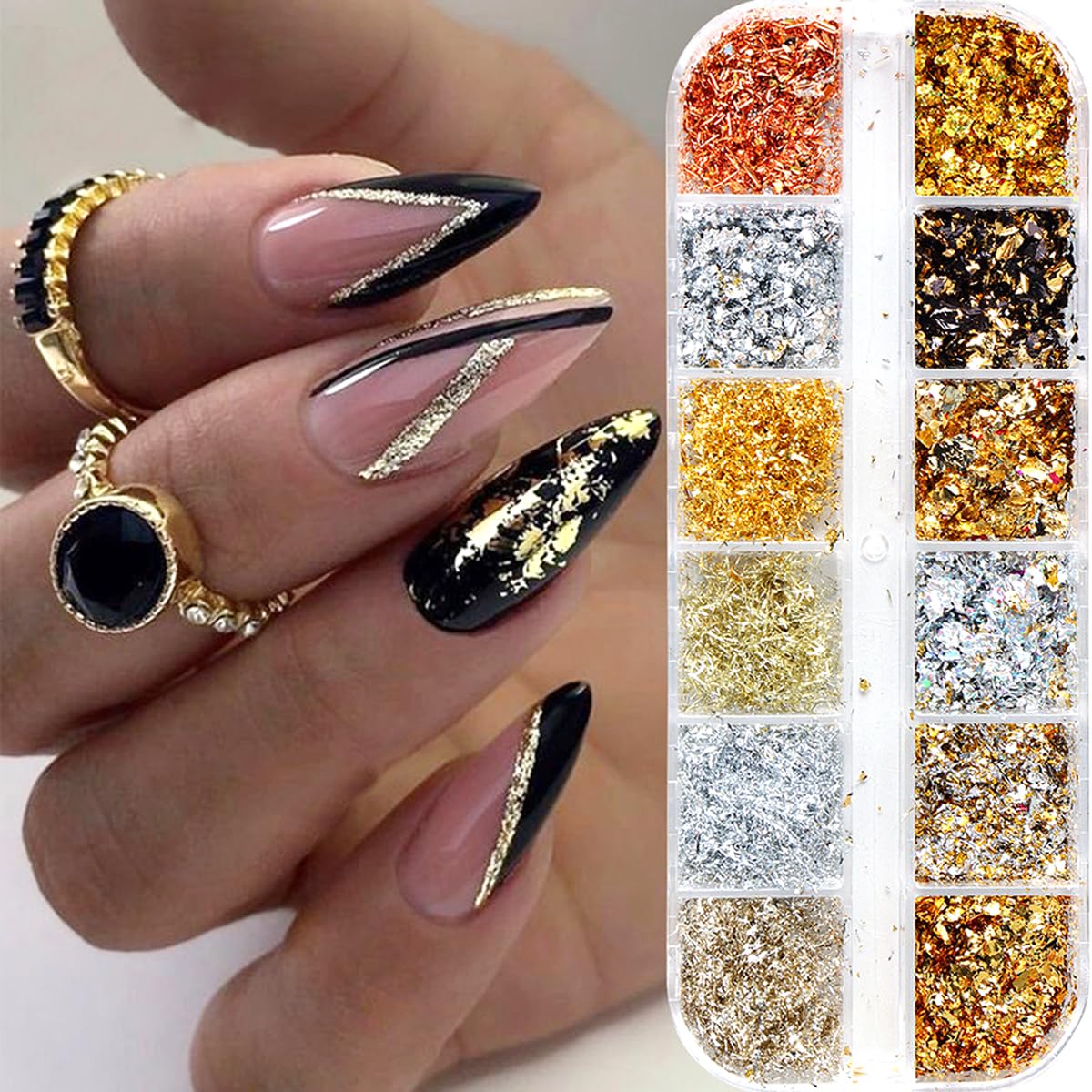 Holographic Nail Glitter Gold Foils for Kit, 12 Grids Sparkly Ultra-Thin Aluminum Foil Nail Art Flakes Designs, Powder Nail Glitters Sequins Acrylic Supplies DIY Manicure Charms Decorations, for Women