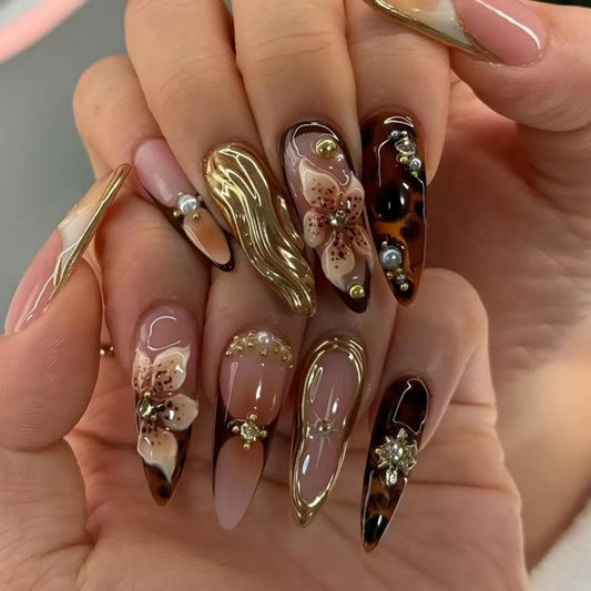 Almond Press on Nails Long Glue on Nail with 5D Rhinestones Flower Charm Design Tortoise Shell Acrylic Nails Glossy Gold Lines Curve Fake Nails Spring Summer Nail Press on for Women Manicure 24Pcs
