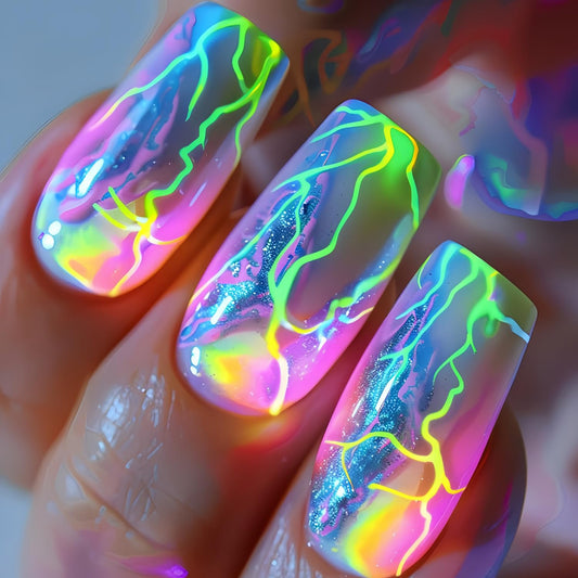 Press On Medium Square Aurora Green Lightning Design False Nails - Full Cover Artificial Acrylic Coffin Nails - Reusable Glue On DIY Stick On Nails for Women - 24Pcs