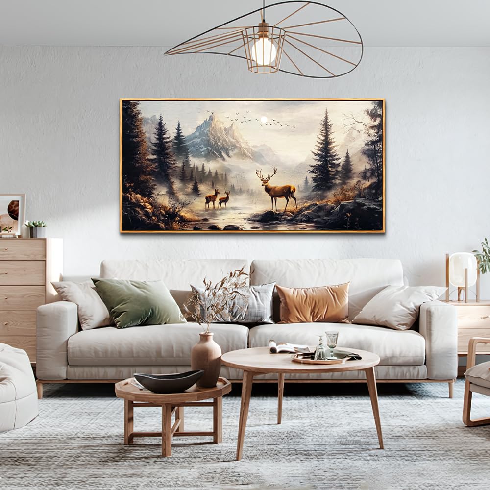 KELIYUAN Large Canvas Wall Decor For Living Room Wall Art For Bedroom Office Murals Landscape Painting Of Elk Mountain Wall Pictures Restaurant Room Modern Home Decoration Wood Framed 24"X48"