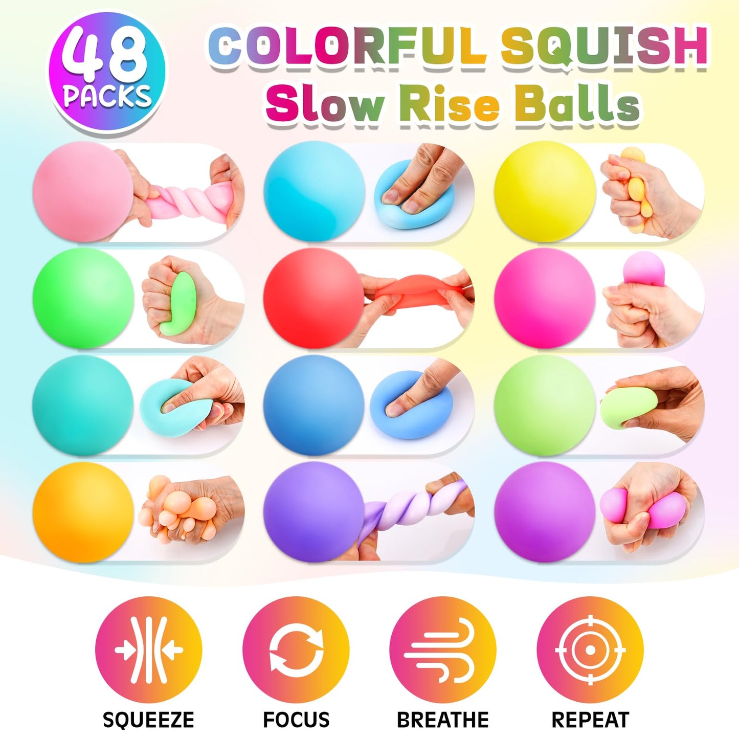 48 Pack Slow Rising Stress Ball,Stress Balls for Kids Adults,Stretchy Fidget Toys for Anxiety Relief,Hand Therapy Sensory Squishy Ball,Squishy Toys,Treasure Prize Box Toys for Kids Classroom
