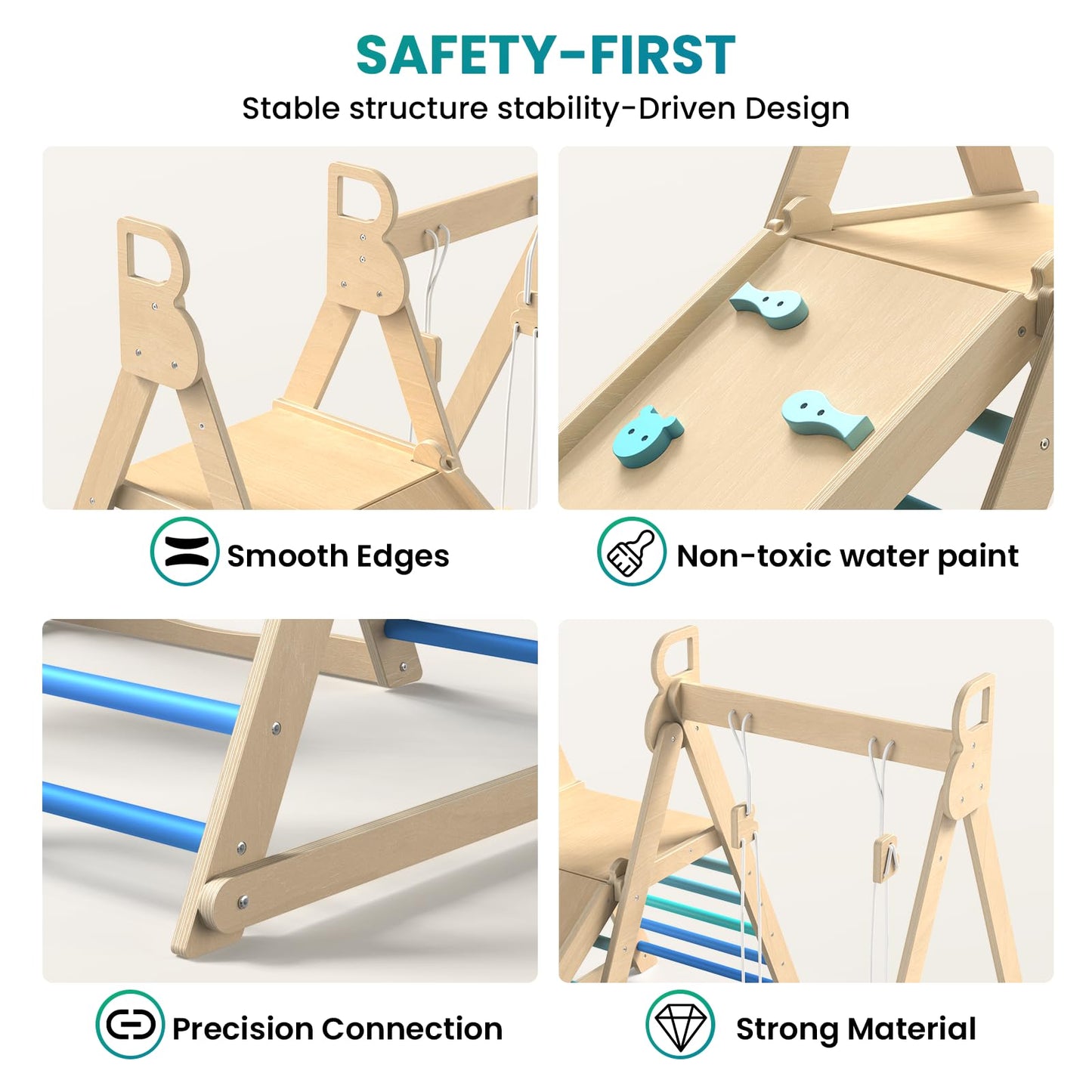 BlueWood 4 in 1 Indoor Jungle Gym, Foldable Wooden Climbing Set with Swing, Slide, Ladder and Climbing Wall, Montessori Philosophy Climber Playset for Kids Aged 2+ (Sky Blue)
