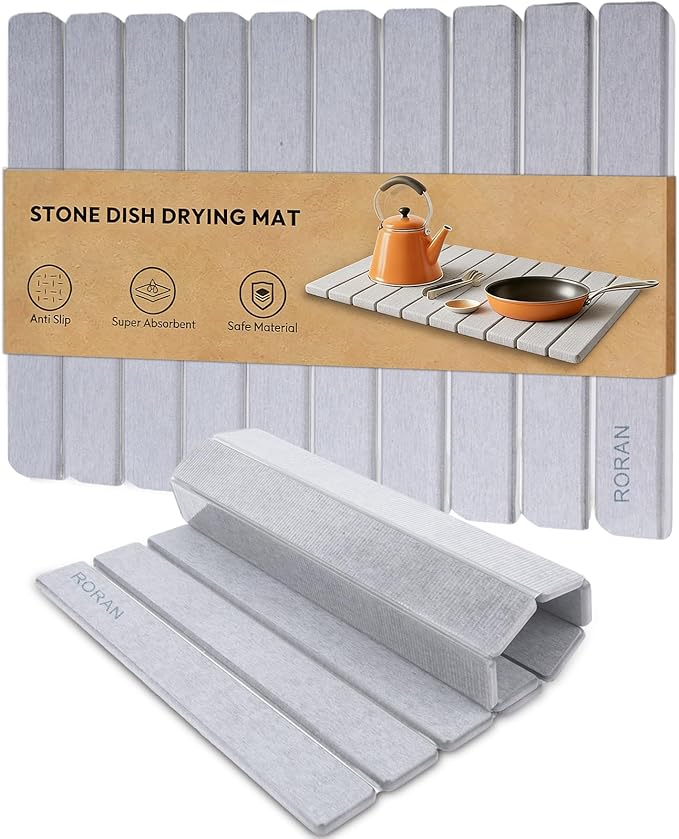 Stone Drying Mat for Kitchen Counter, 24"(L)Ã16"(W), Drying Matt Kitchen Counter, Quick Dry Stone Dishes Mats, Foldable Diatomaceous Earth Mat (Dove Gray)