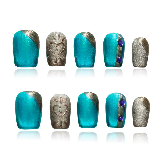 Tesytto Luxury Blue Cat Eye Press on Nails, Handmade 3D Short Square Nails Glitter Blue & Gold Ombre with Heart Line Art and Rhinestone Accents for New Year,Party, Valentine's Day(Neon Cat Eye,M)