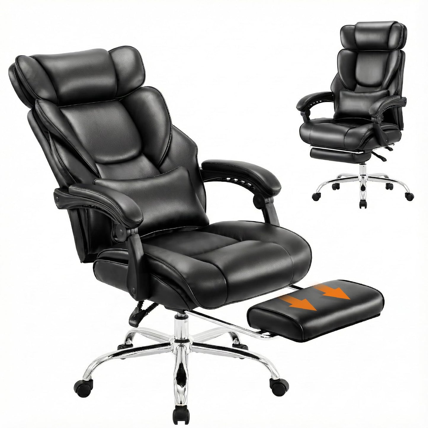High Back Office Chair with Retractable Footrest & Lumbar Pillow, Ergonomic Bonded Leather Executive Desk Chair, Thick Padded Cushion, 90–135° Reclining Chair for Home Office,Black