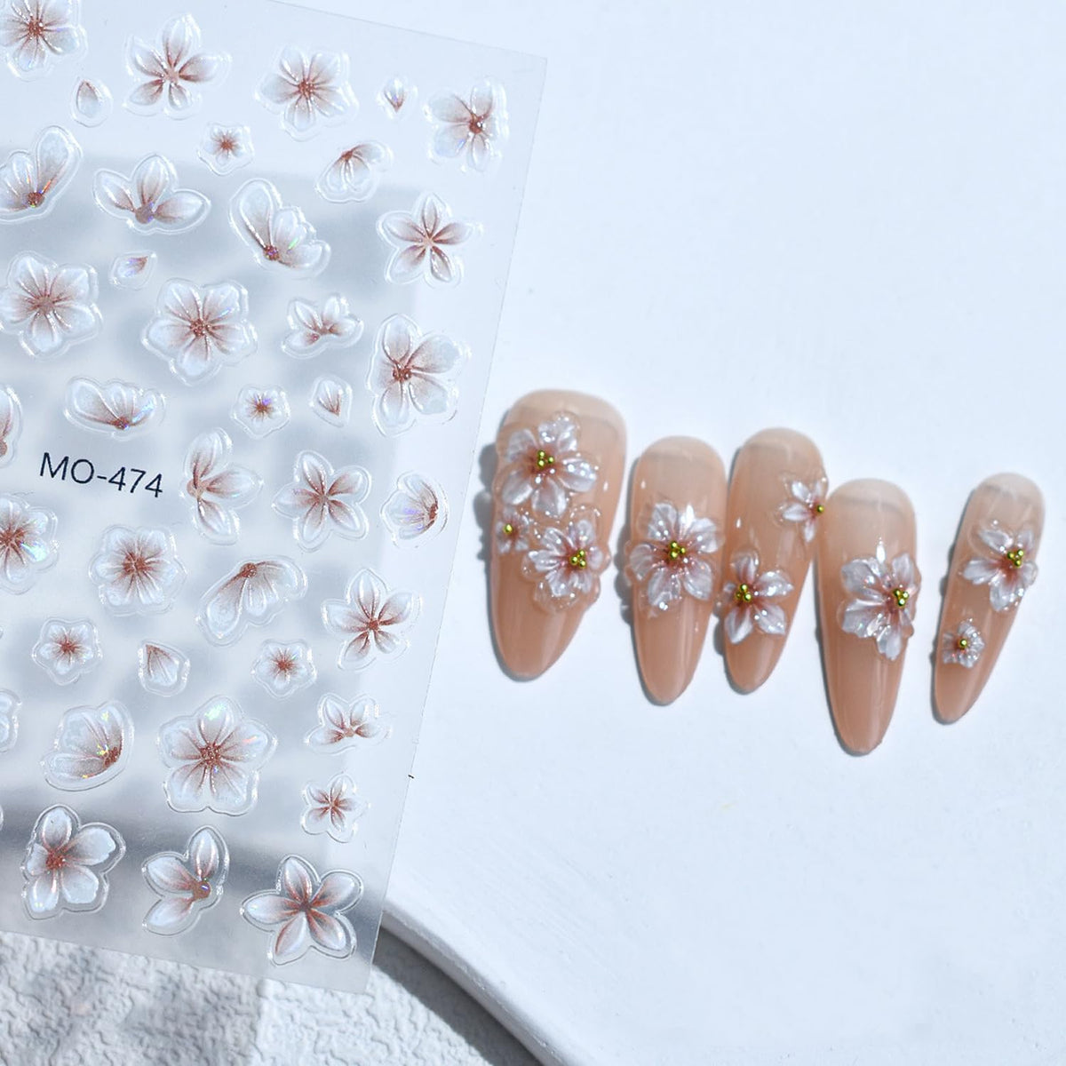 3 Sheets Flowers Nail Art Stickers Decals 5D Embossed Self-Adhesive Nail Decals White Pink Brown Floral Designs Spring Summer Supplies for Acrylic Nails DIY Women Manicure Decoration Accessories