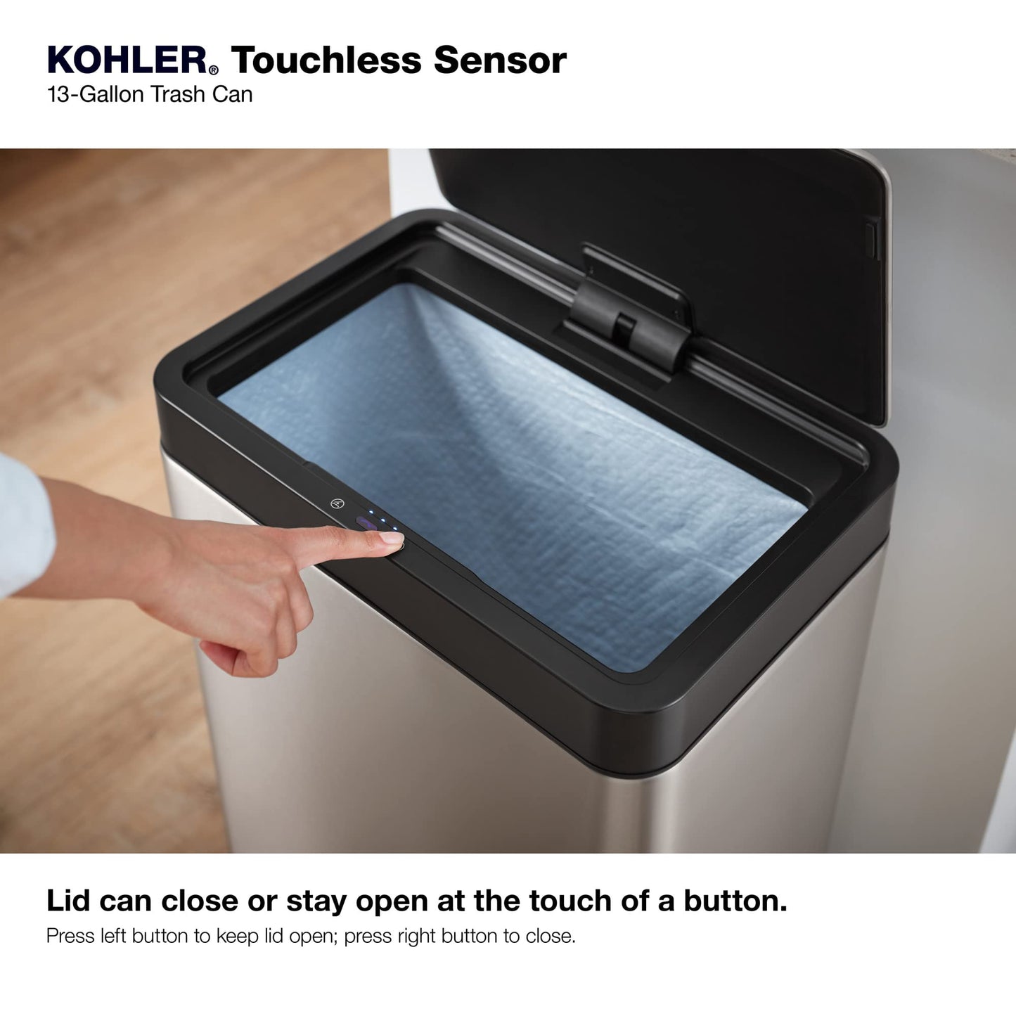 Kohler 23825-BST 13-Gallon Touchless Black Stainless Steel Trash Can, Hands-Free Motion Sensor Lid, Durable, Fingerprint-Resistant, Easy to Clean, K-23825-BST