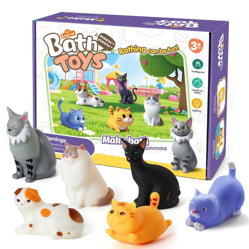 VIBOYLAR Bath Toys for Kids 1-3, 6 PCS Light-Up Cat Bath Toy Set, Baby Toddler Bath Toys, Bathtub Pool Bath Toy for Kids, Christmas Birthday Gifts for Boys & Girls Ages 1 2 3+ Years Old