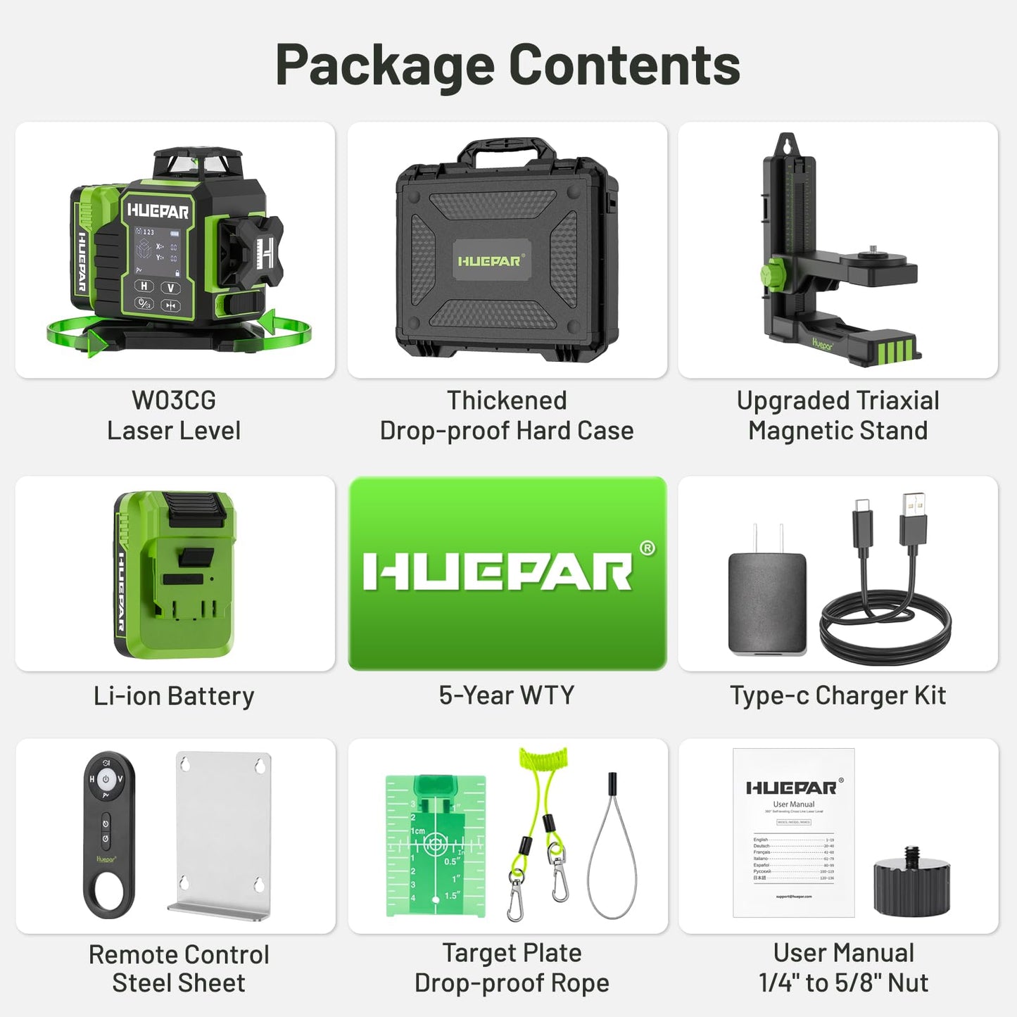 Huepar W03CG Bluetooth Laser Level 3x360 Self Leveling, 3D 12 Lines with Electric Rotating Base＆Large LCD Screen, 3 Planes Green Lazer Leveler Tool for Construction, Ceiling,Tiling, Framing, etc.