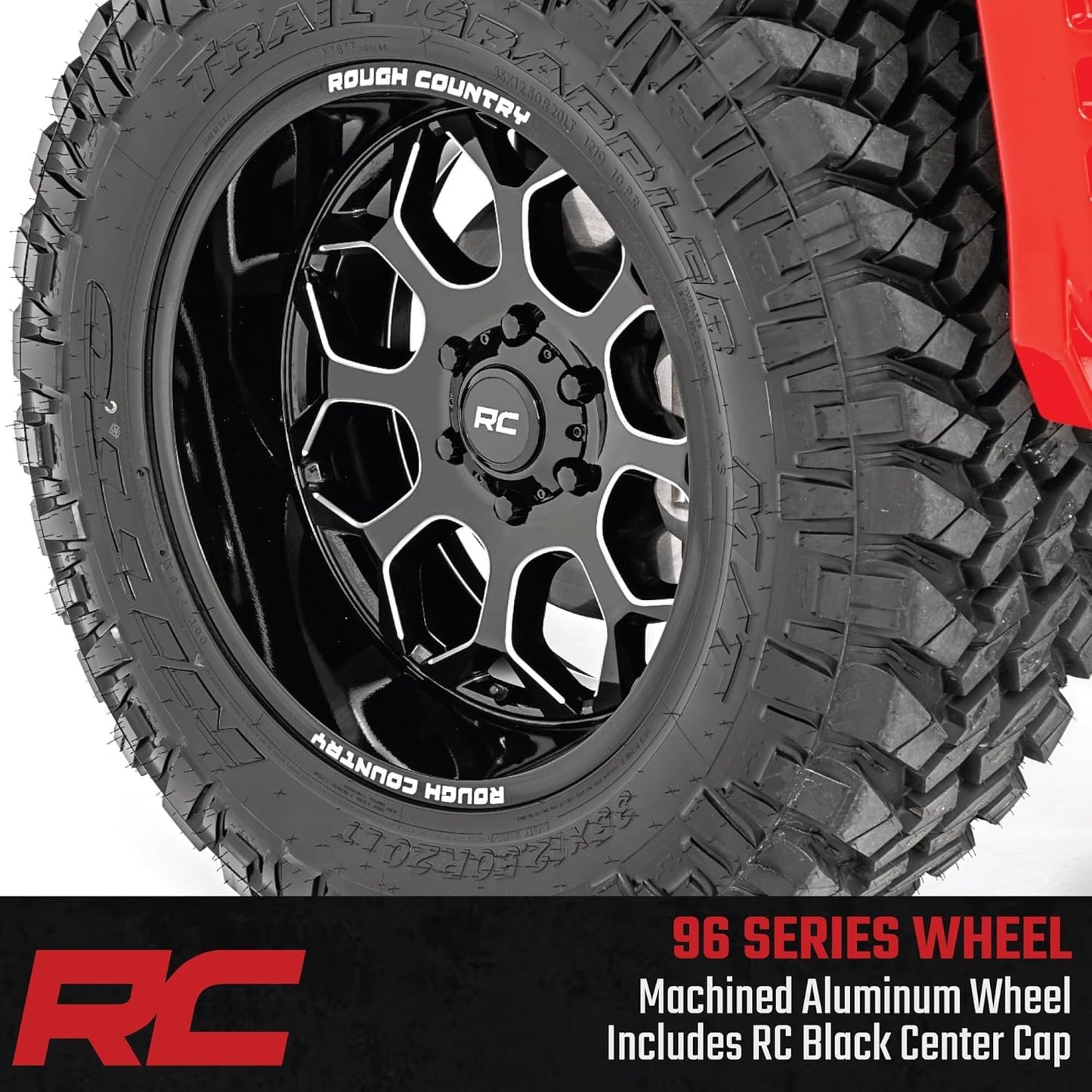Rough Country 96 Series One-Piece Aluminum Wheel 20x10, 6x5.5" Bolt Pattern, 19mm Offset - Gloss Black w/Milled Accents, 8-Spoke, Lightweight with Center Cap