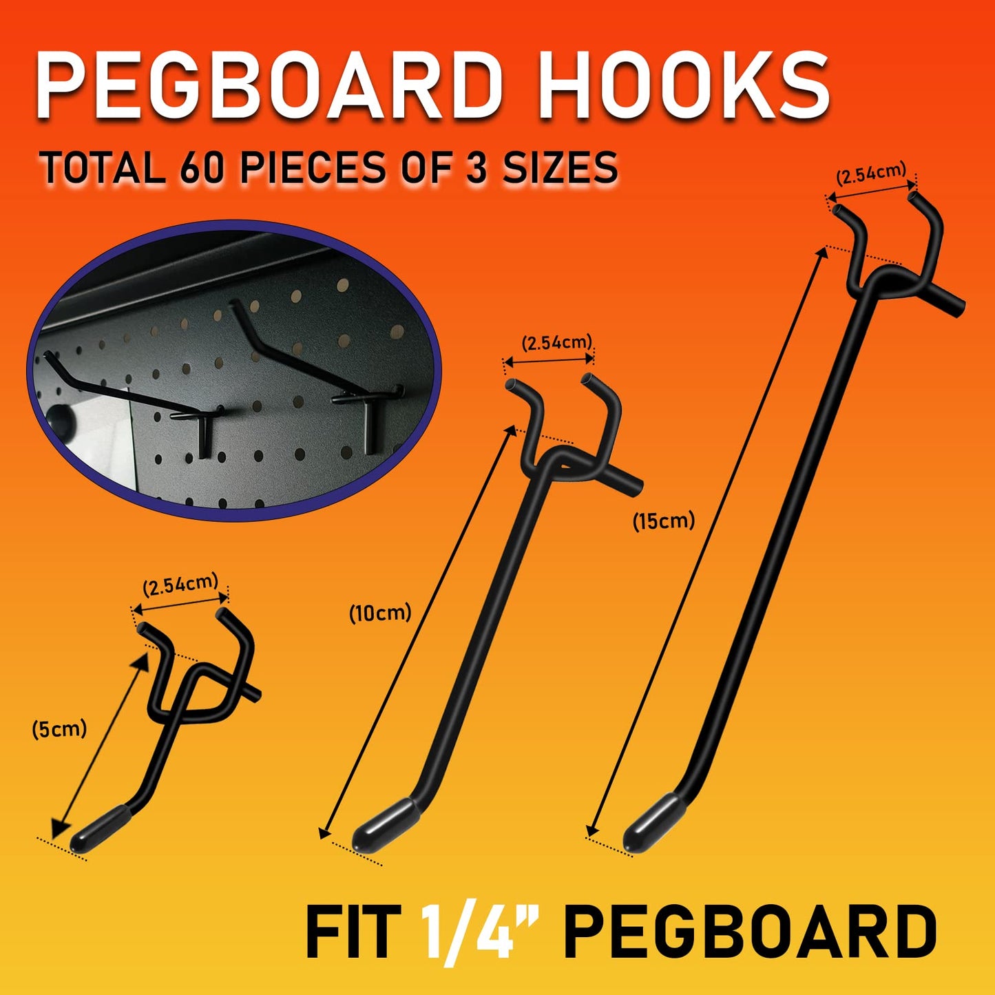 Dualshine 60Pcs Black Pegboard Hooks, 2/4/6 Inch Pegboard Wall Hook Heavy Duty PegBoard Shelving Hook Fit 1/4" PegBoard Metal Hanging Pegboard Display Hook Holder Organizer for Kitchen Store"