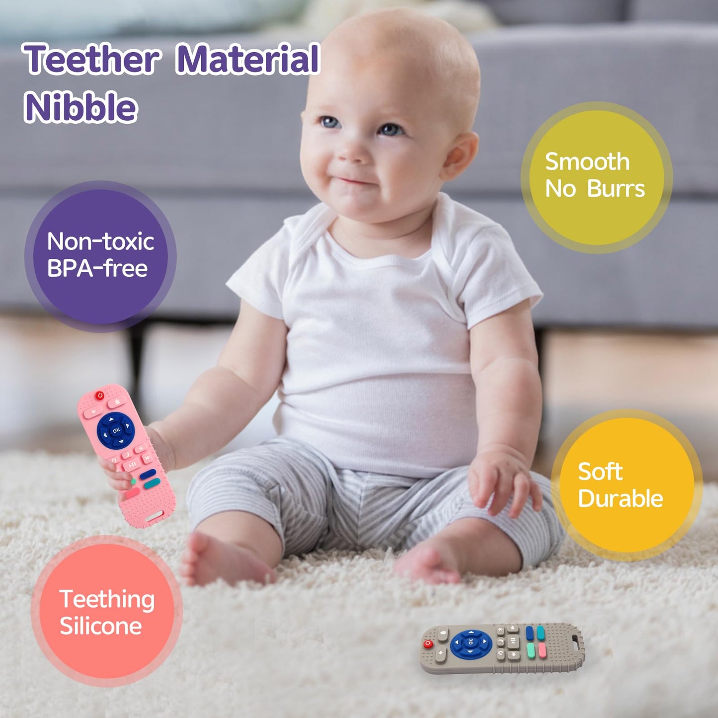 Hooku 2 Pack Silicone Teething Toys for Babies 0-6 Months, Teethers for Babies 6-12 Months, Remote Teether for Baby, Sensory Toys for Babies, Baby Chew Toys