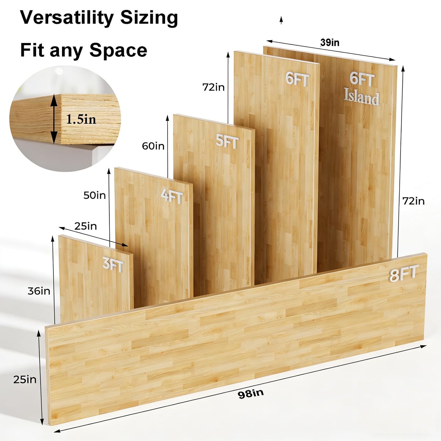 6FT x 39IN Solid Birch Wood Butcher Block Countertop - Intravast 1.5 Inch Thick Unfinished Heavy Duty DIY Butcher Block for Kitchen Island, Bar Top, Workbench, Laundry Room Dining Table