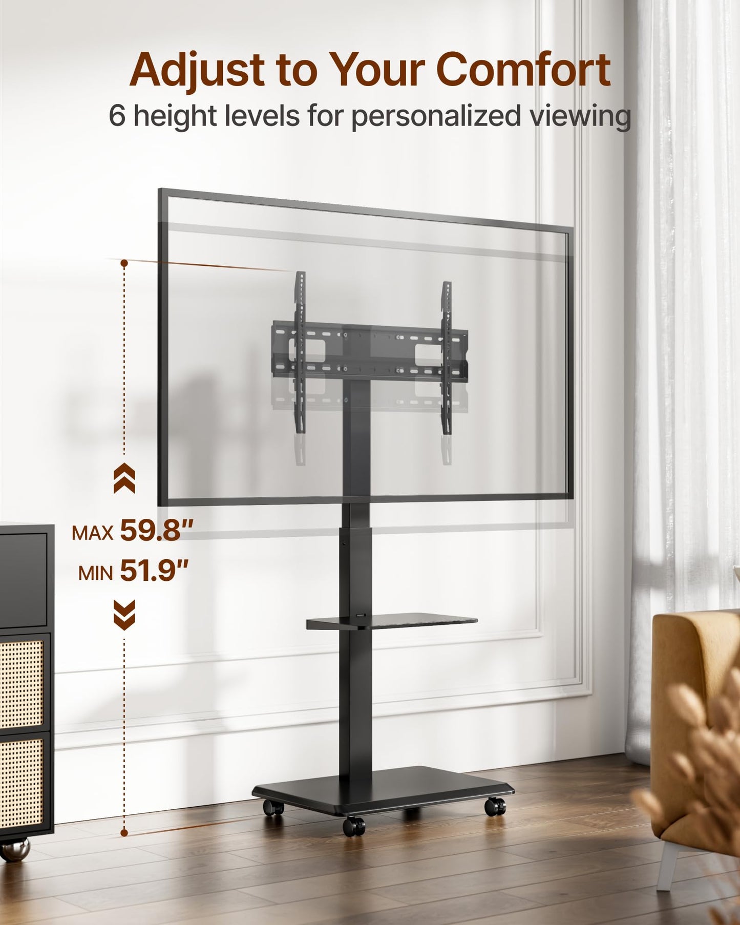 ECOTINY Steel Base Rolling TV Stand for 32-75 inch TVs up to 110 lbs, Leveling & Tilt & Swivel Mobile TV Stand with Hidden Wire Management, Height Adjustable Portable Tv Stand with Steel Shelf, Black