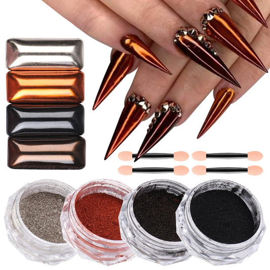 Magic Chrome Nail Powder Holographic Metallic Mirror Effect Silver Copper Black Brown Manicure Glitter Pigment for Nails Art Design, Chrome Powder for Gel Nails Decoration with Tools