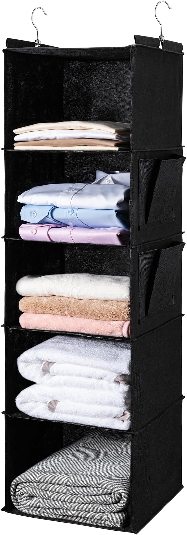 BOOMIBOO Hanging Closet Organize and Shelvesï¼5-Hanging Shelf with 2 Side Pocketsï¼Storage Foldable ï¼Blackï¼