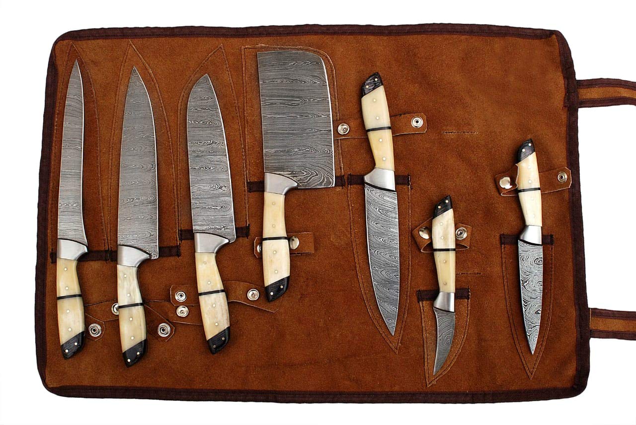 GladiatorsGuild G26- Professional Kitchen Knives Custom Made Damascus Steel 7 pcs of Professional Utility Chef Kitchen Knife Set with Chopper/Cleaver White & Black