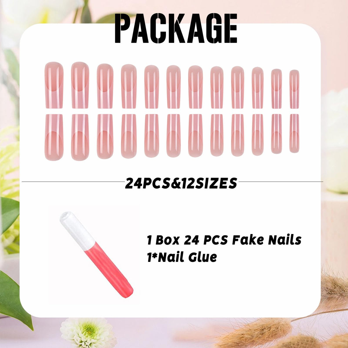 IMSOHOT Pink French Tip Press on Nails Long Square Fake Nails Nude Glossy Gel Glue on Nails Full Cover Acrylic False Nails for Women 24Pcs
