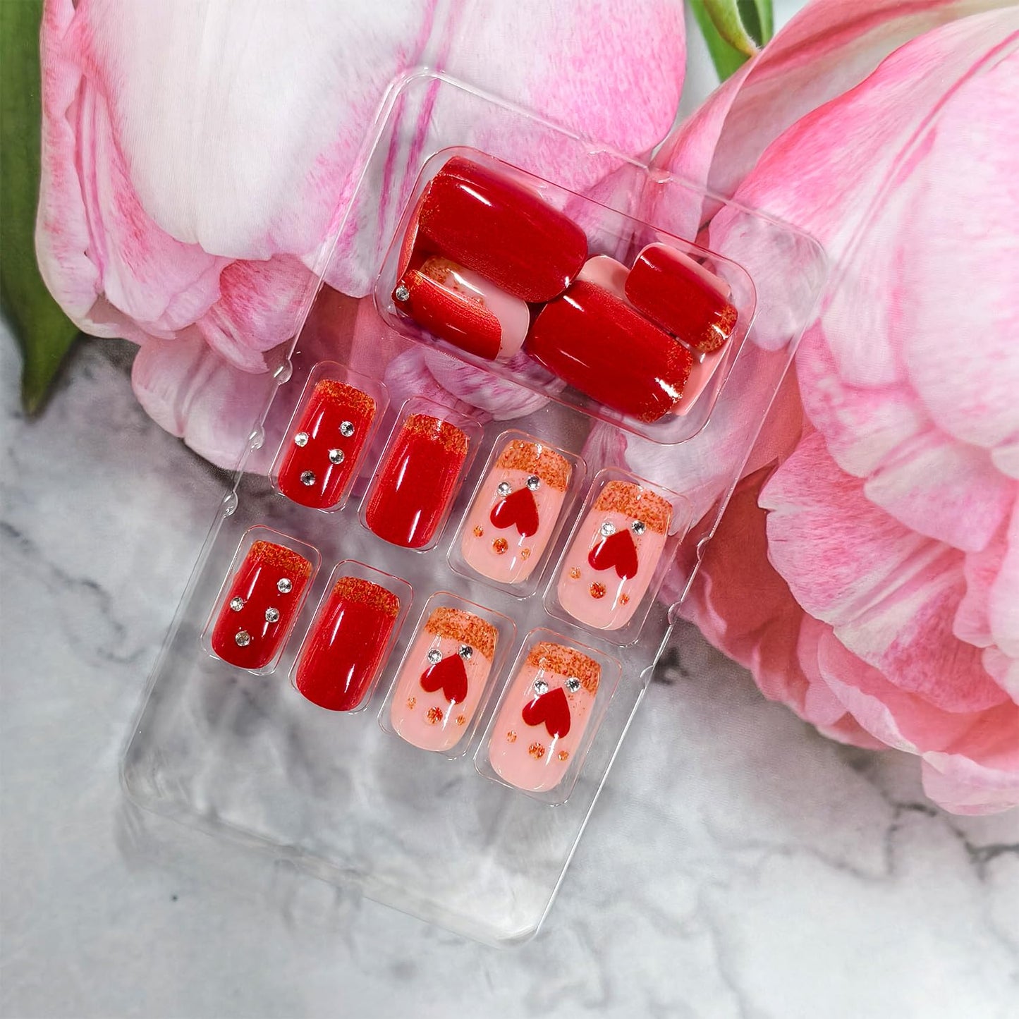 Valentines Press on Nails Short Square Artificial Acrylic Fingernails French Glitter Fake Nails Red Love with Rhinestones Coffin Nail Full Cover Glossy Heart Press Ons Nail Women Festival Manicure
