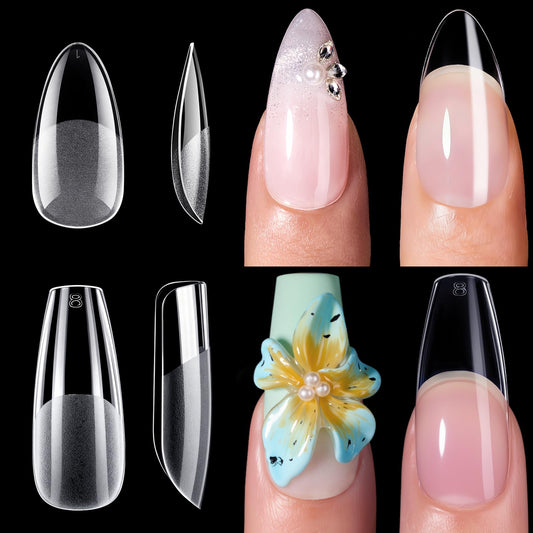 Makartt 420Pcs Medium Almond & Coffin Nail Tips, 2 Shapes in 1 Box Clear Full Cover Fake Nails with 15 Sizes Each, Pre-Etched Inside Medium Nail Tips for DIY Press On Nails, Nail Extensions at Home