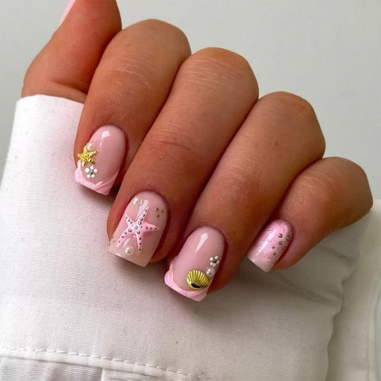 CTTHNBD Short Press on Nails Square - Summer Fake Nails with Starfish Shell Design - Pink False Nails Press ons - for Women 24 Pcs