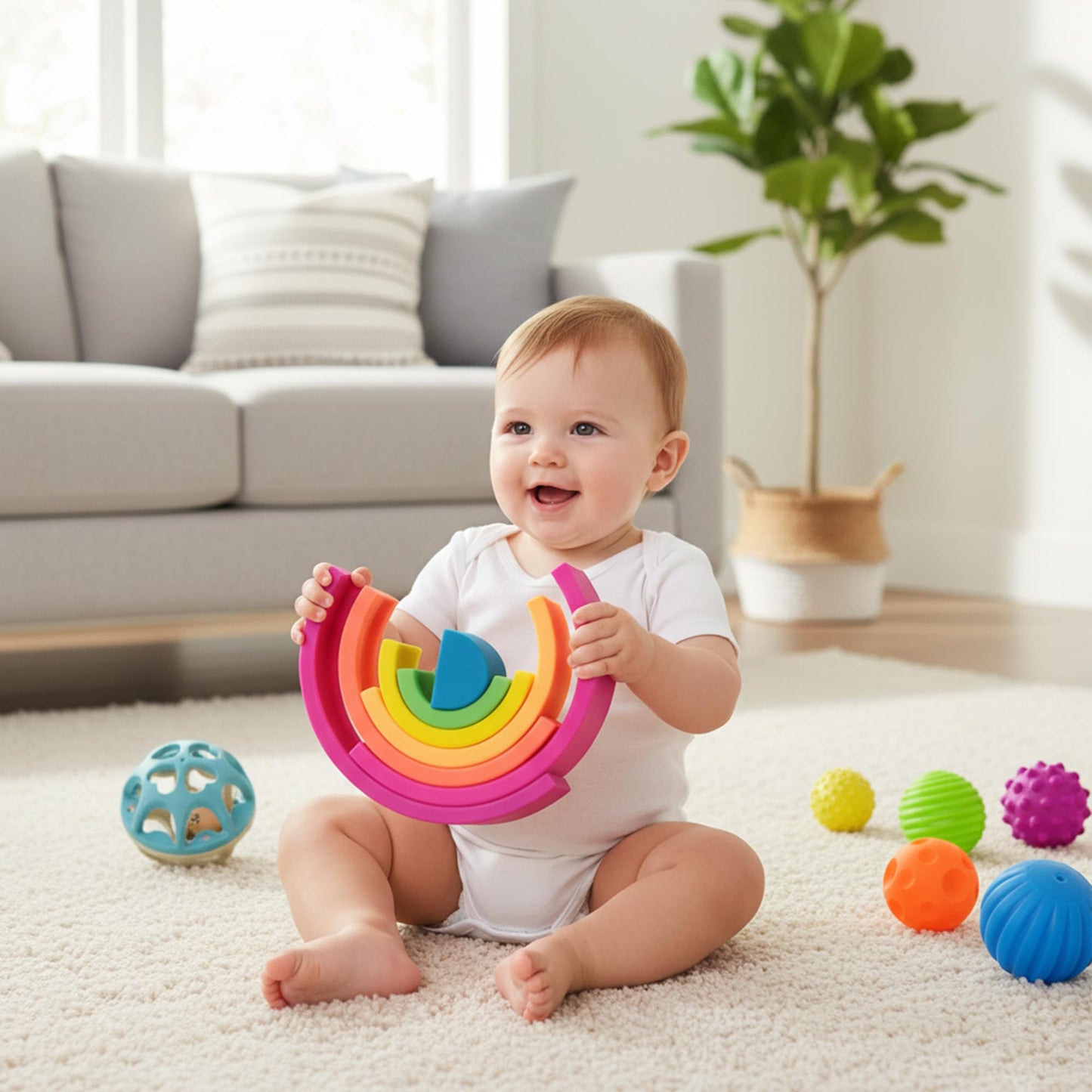 ROHSCE Sensory Toys for Babies Bundle - Textured Baby Balls & Wheat Straw Rattle + Silicone Rainbow Stacker, Montessori Nesting Blocks Soft Building Toys (7CPS), Baby 6-12 Months, Toddler Toys 1-3