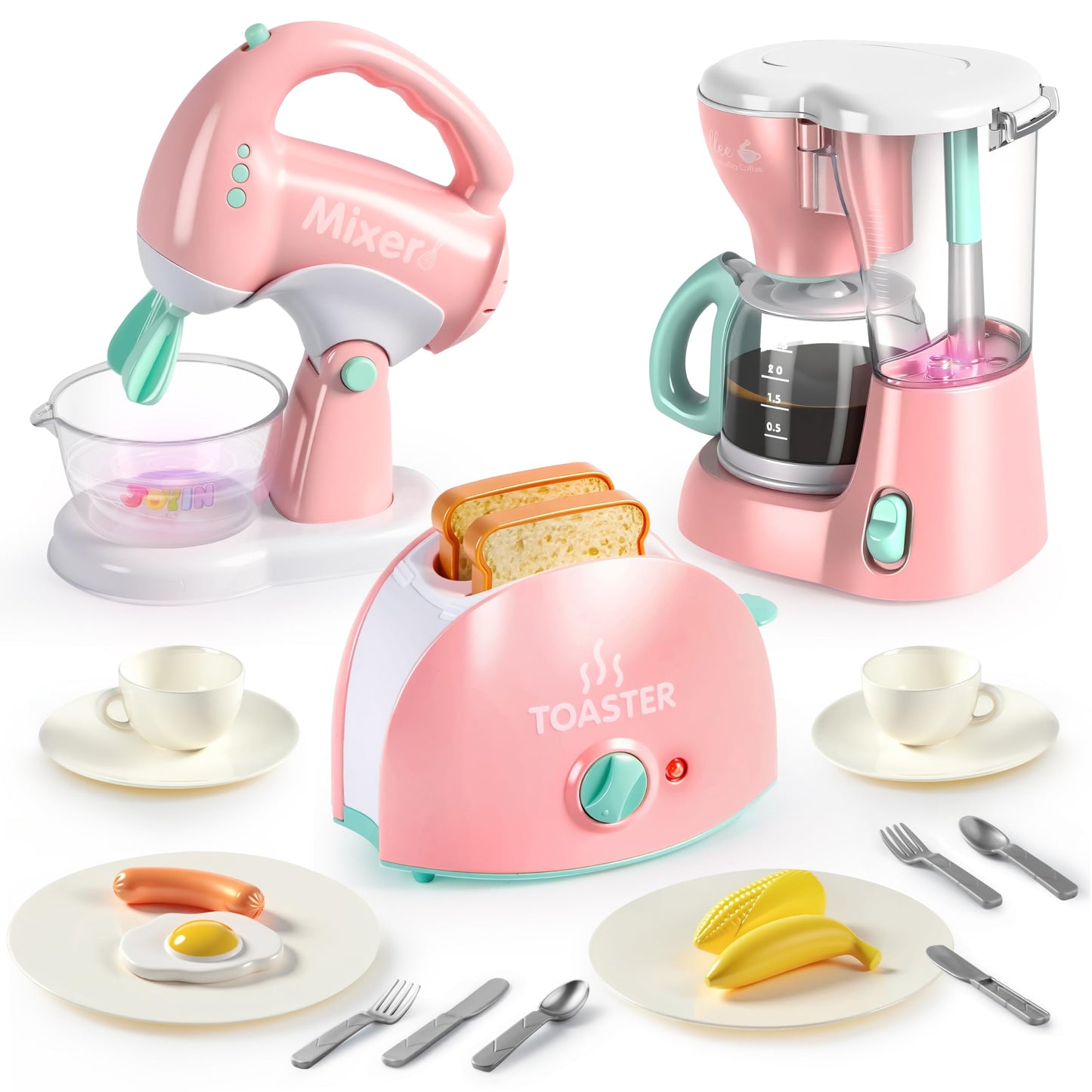 Joyin Play Kitchen Toys, Pretend Food Kitchen Accessories Girls Toy with Coffee Maker, Mixer, Toaster with Realistic Lights& Sounds, Birthday Gift for Kids