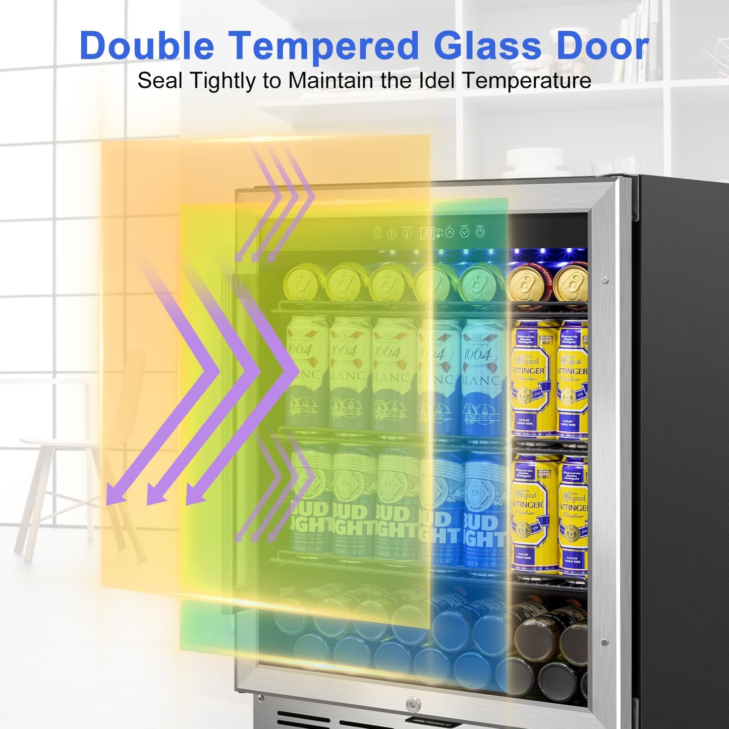 Beverage Refrigerator 24 inch-200 Can Drink Fridge with Glass Door, Under Counter/Freestanding Beverage Cooler with Temperature Memory, Reversible Door, Quick Cooling, Cooler for Beer, Soda, Wine