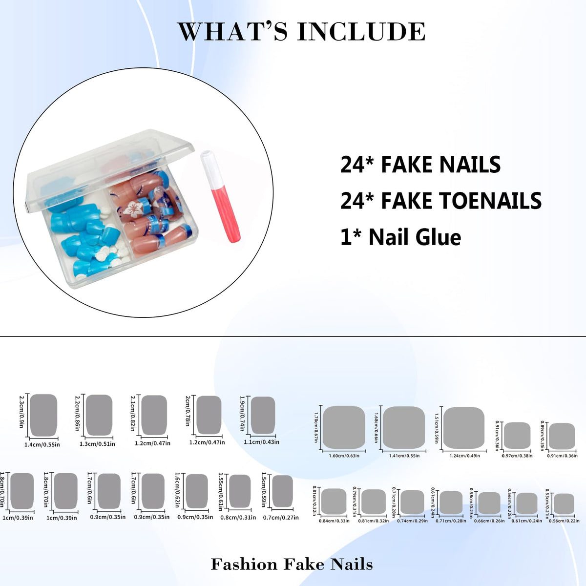 IMRAIN 48Pcs Press on Toe Nails Short Square Fake Toenails Blue French Tips Acrylic False Nails with White Flower Designs Full Cover Glossy Glue on Toe Nails Summer Artificial Nail Supplies