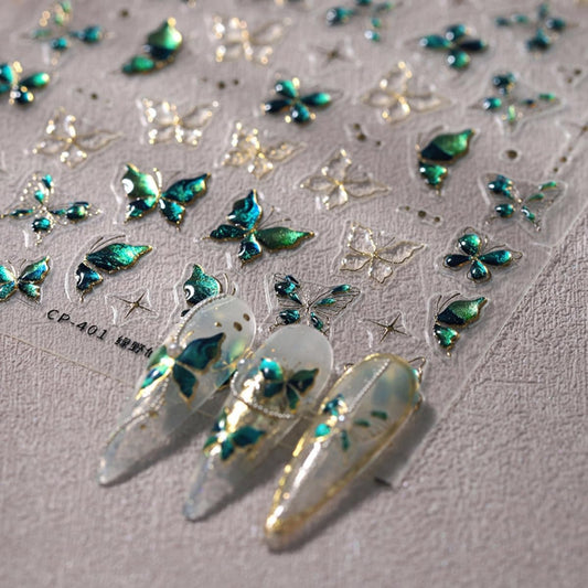Butterfly Nail Stickers 5D Embossed Gold Green Butterfly Nail Art Sticker Self Adhesive Nail Decals Summer Nail Art for Women Manicure Supplies Nails Art Decorations