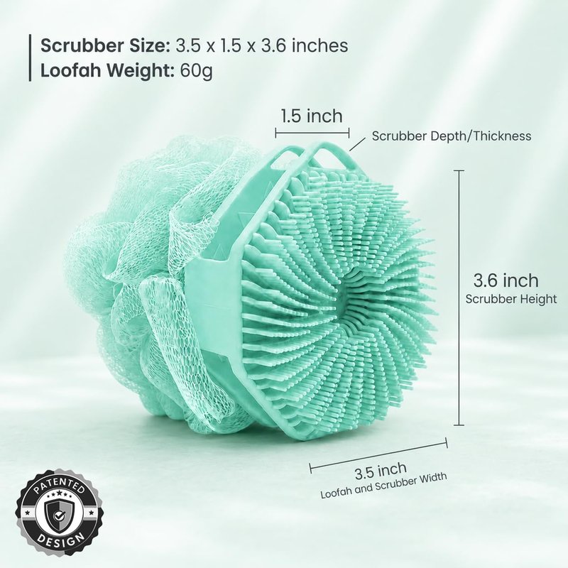 2-in-1 Silicone Body Scrubber & Mesh Loofah Sponge – Exfoliating Silicone Shower Scrubber with Soft Loofa Puff, Bristles, Non-Slip Grip, Quick Dry, Hygienic Body Scrubber for Women & Men
