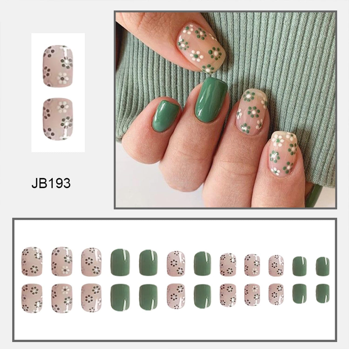 Tyuimhx Flower Press on Nails Short Square Green Spring False Glossy Full Cover Stick on Acrylic Floral Artificial Glue on Nails for Women Girls 24Pcs