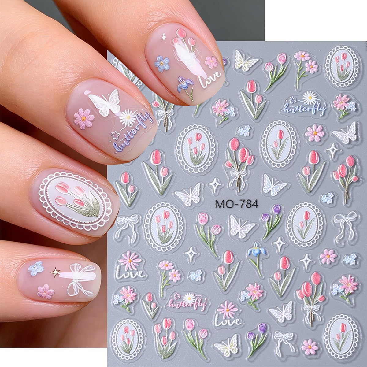 6 Sheets 5D Embossed Spring Flower Nail Art Stickers Colorful Gradient Butterfly Floral Nail Decals French Style Design Flowers Nail Stickers for Women Spring Summer DIY Manicure Supplies