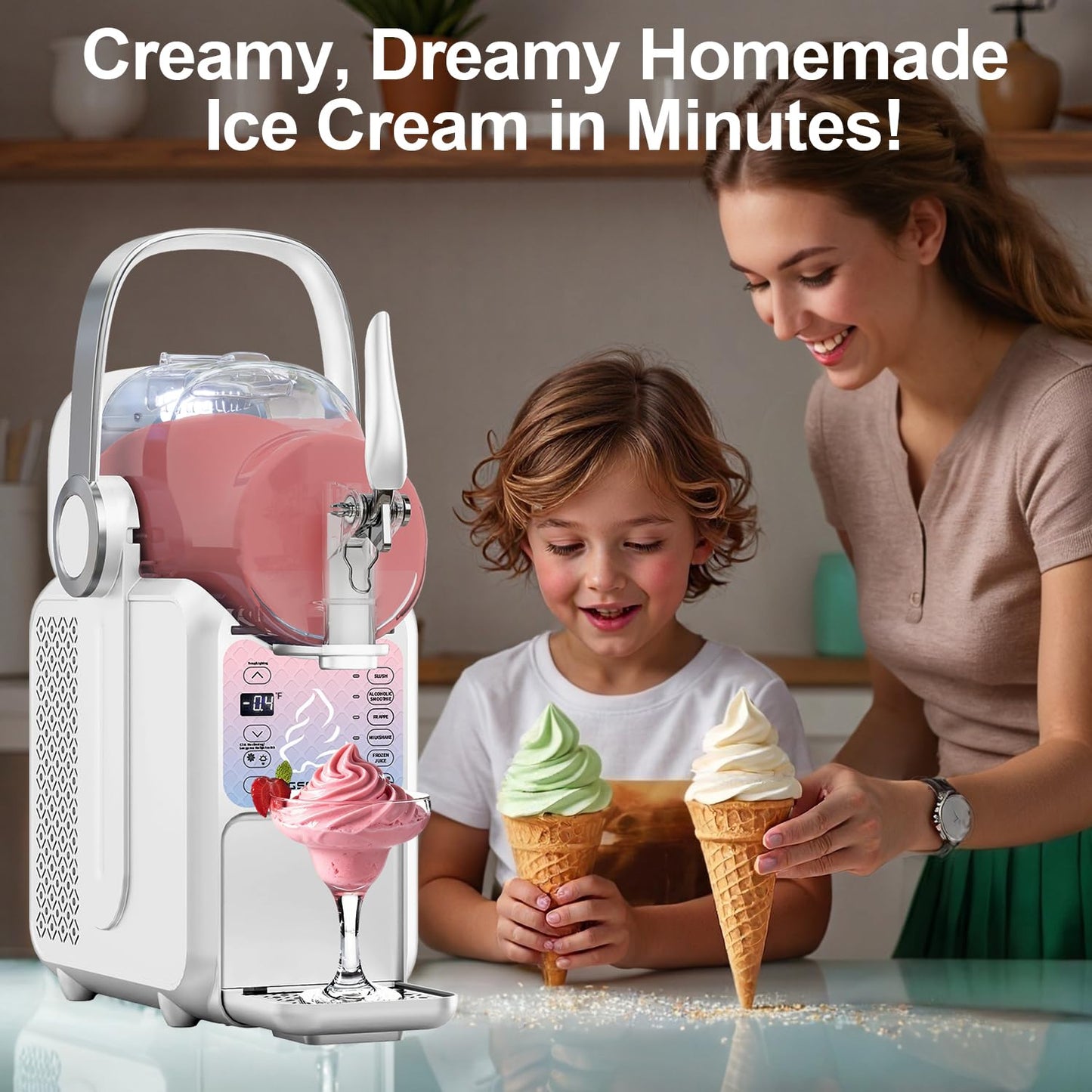 GSEICE Soft Serve Ice Cream Maker, 88oz Slushie Machine for Home with Portable Handle, 6 Preset Mode for Ice Cream, Margaritas, Frappés, Milkshake, Juice, Real-time Adjustable Temp Display
