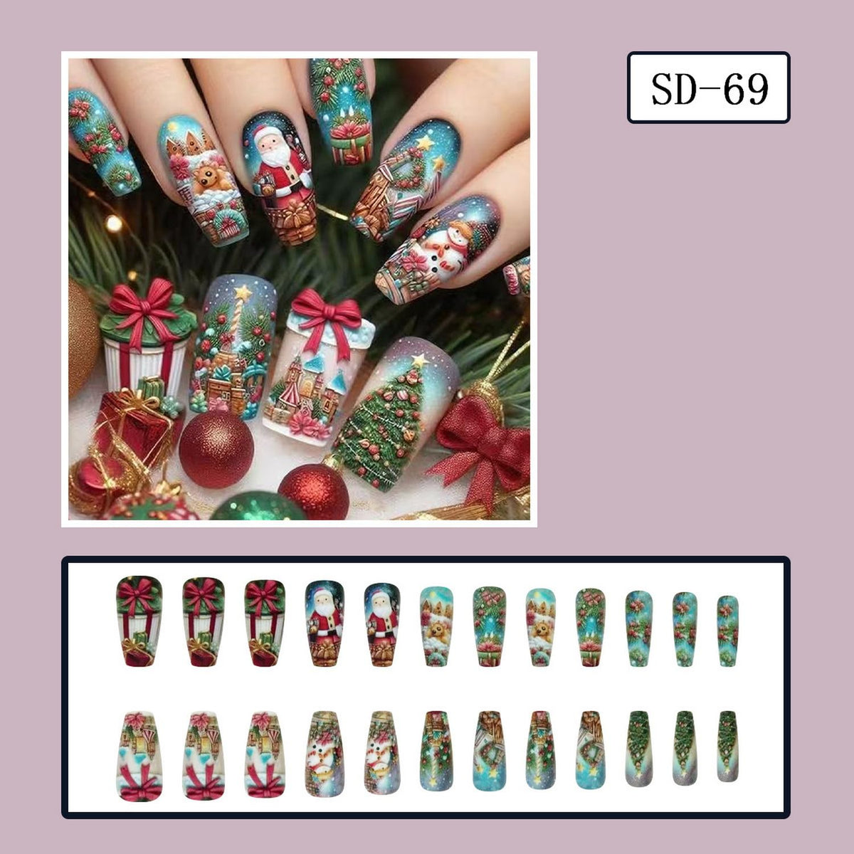 Xmas Press on Nail Long Coffin Fake Nails Retro Press ones with designs Christmas Tree Santa Claus Reindeer Pattern Acrylic Stick on Nail Full Cover Christmas False Nails Gel Glue on Nails for Women