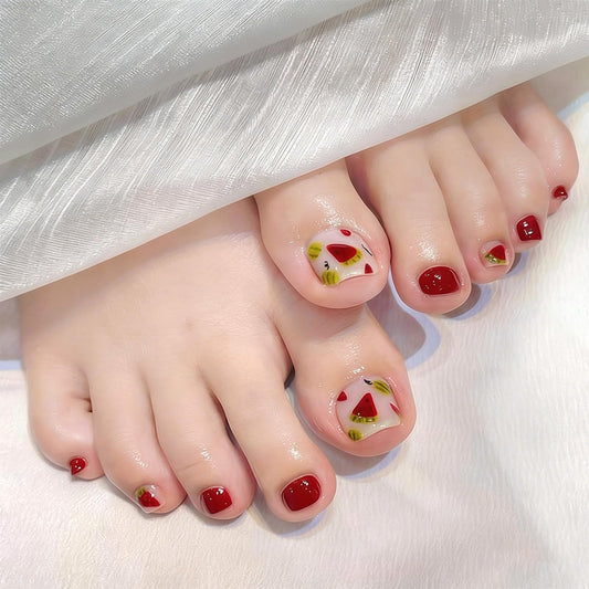 Summer Fruit Press on Toenails Short Square Fake Toe Nails with Watermelon Designs Red Glossy Toenail Press ons Acrylic Toe Nail Tips Reusable Stick on Toenails for Women Manicure 24Pcs