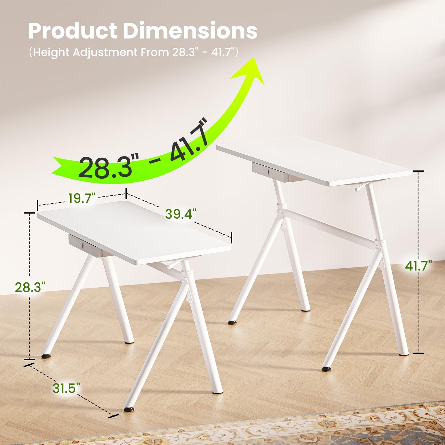 WALKINGDESK Standing Desk, 4-Leg Pneumatic Adjustable Desk for Walking Pad Treadmill - Stable No Wobble Fixed Frame, 40” Computer Desk with Fabric Drawer for Home Office, Gaming Desk, White