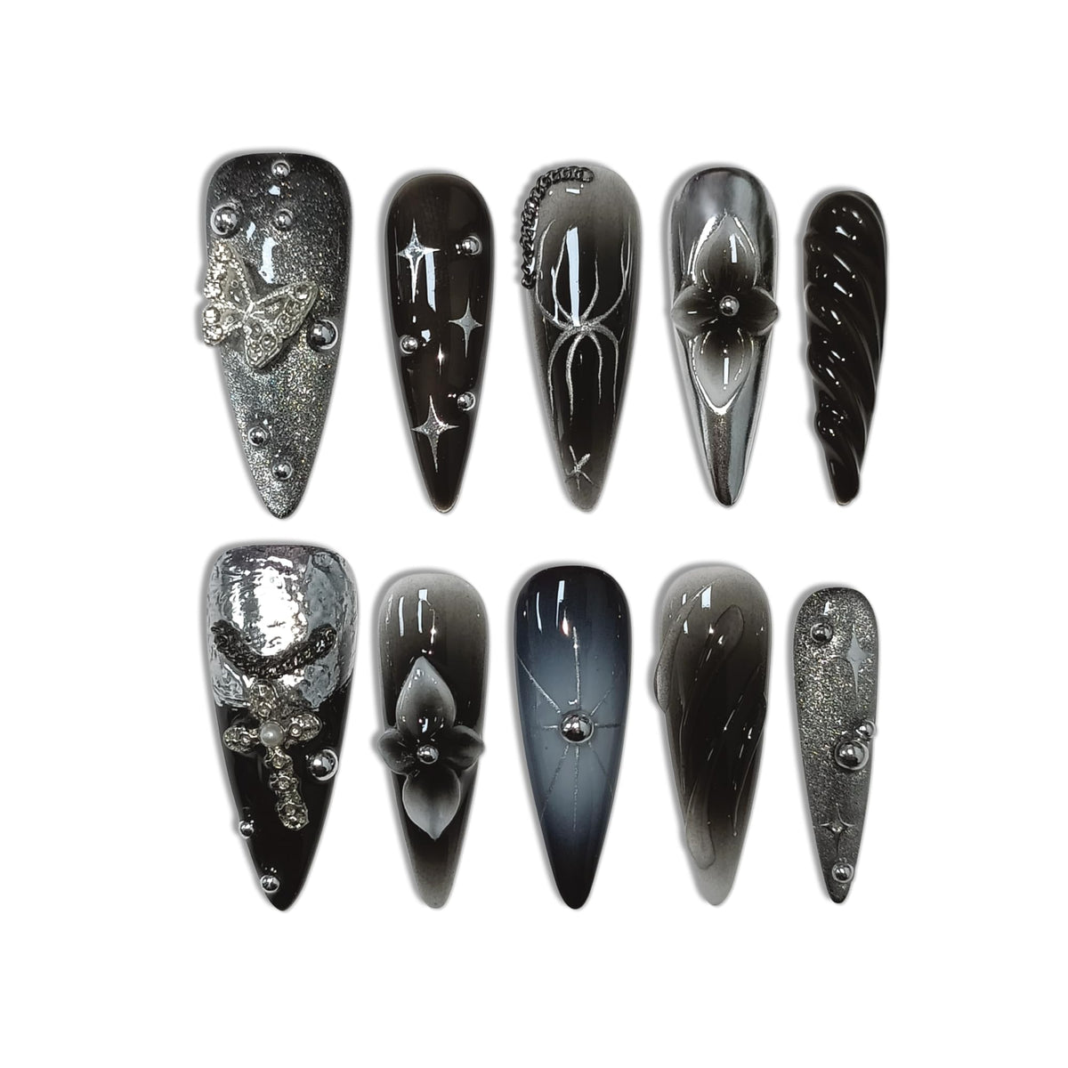 TENPAL 10Pcs Y2K Press On Nails With Tools,Handcuff Star & Skull 3D Charms Long Stiletto Fake Nails,Glossy Edgy Sweet Glitter Acrylic Glue on Nails for Concert Festival Party,Handmade Long Nails(XS)