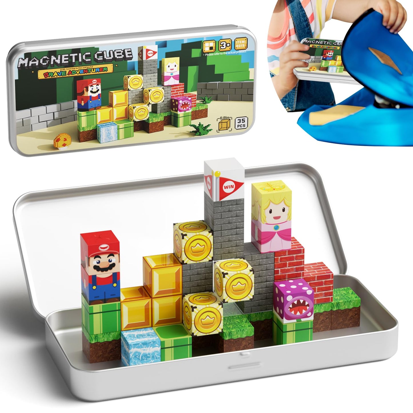 MEIQ Mini Magnetic Blocks STEM Toys for Kids Ages 3-8, 35PCS Travel Building Set with Magnetic Storage Tin Box, Educational Construction Toys for Toddlers, Preschool Birthday Gift for Boys & Girls