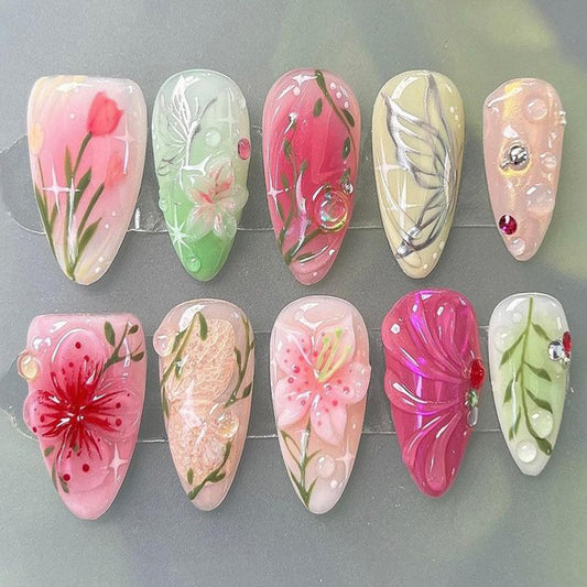 24Pcs Floral Press On Nails Short Almond Nails with Colorful Flower Butterfly Designs Hand-Painted Leaves Stick On Nails Multi-color French Tip Press Ons Handmade Elegant Set for Spring & Summer