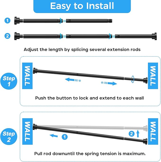 Shower Curtain Rod 31-63 Inch,0.87"Diameter Adjustable Spring Tension Curtain Rods No Drill,Matte Black Shower Tension Rod for Bathroom,Room Divider,Window,Anti-Rust Non-Slip 1-Pack