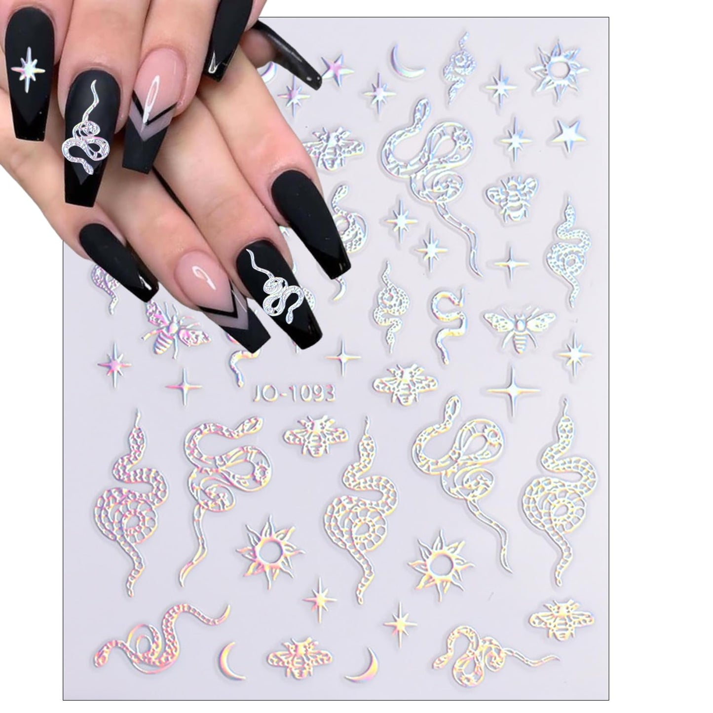 5 Sheets Aurora Silver Snake Nail Art Stickers 3D Self-Adhesive Laser Nail Decals Stars Sun Moon Line Holographic Designs Nail Stickers for Women Girls DIY Manicure Supplies