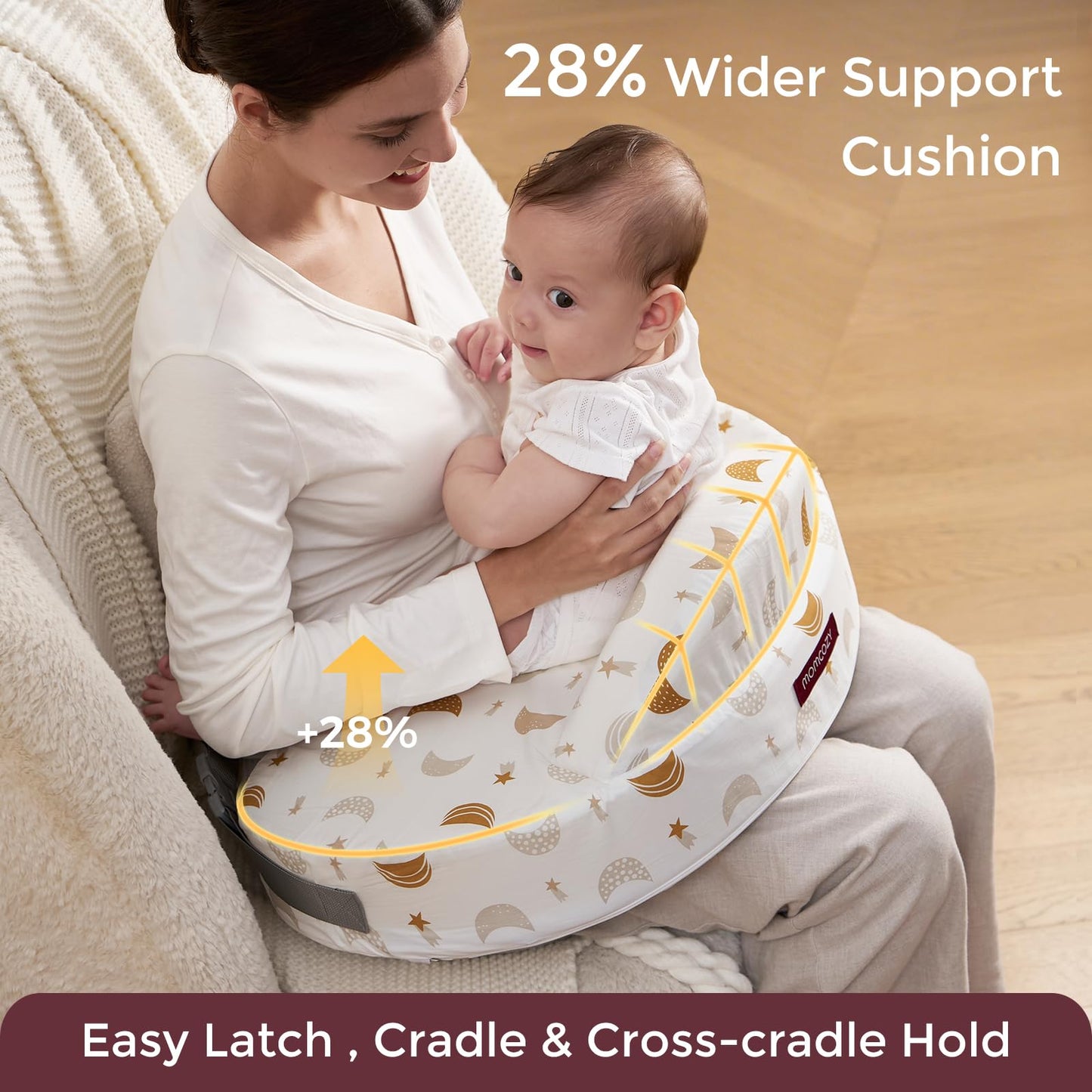 Momcozy Innovative Safety Guard Nursing Pillow - Firm & Springy Memory Foam - Stable, Ergonomic Support & Comfort - Wider Breastfeeding Cushion, Adjustable, Removable Cover, Baby Safety Certified