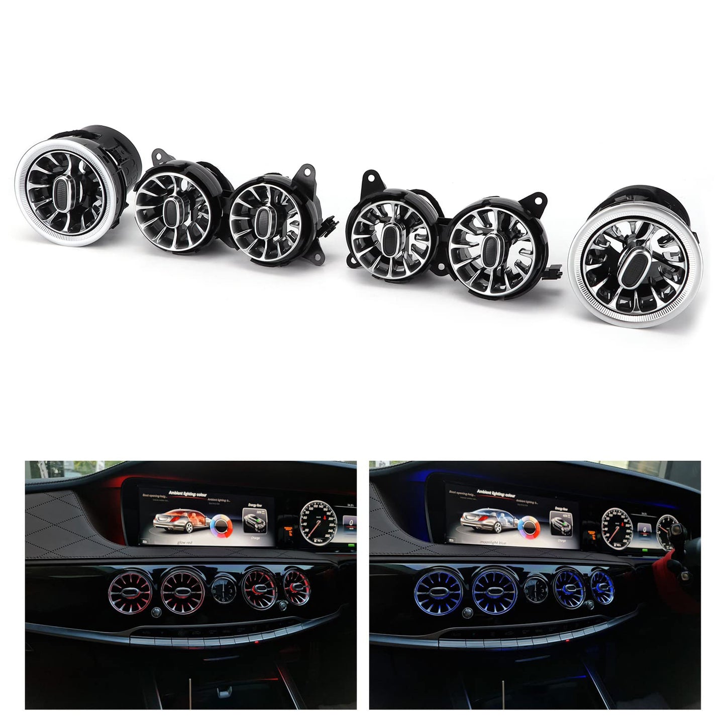 6pcs 7 Color Front LED Turbine Air Vent Ambient Light Kits Dashboard Air Vent Ambient Light Replacement for Benz S Class W222 2014‑2017 (Only for Left Hand Drive)