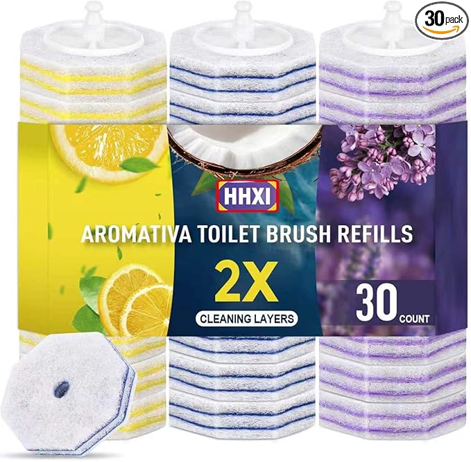 30Ct Aromative Toilet Brush Refills, Toilet Bowl Cleaner Refills, Double-Layer Cleaning Pads Added, Disposable Refill Heads for Toilet Bowl Cleaner Wandsï¼Lemon, Blue Ocean, Lavender ï¼Patentedï¼