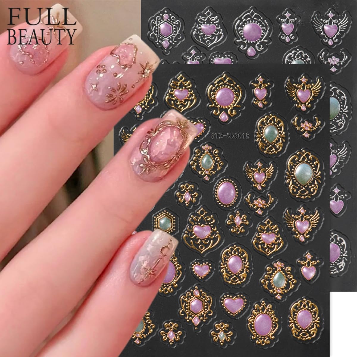 4 Sheets Flower Nail Art Stickers 5D Embossed Retro Floral Gemstone Nail Decals Gold Silver Carving Luxury Baroque-Style Scepter Self-Adhesive Nail Art Supplies for Women DIY Manicure Decoration
