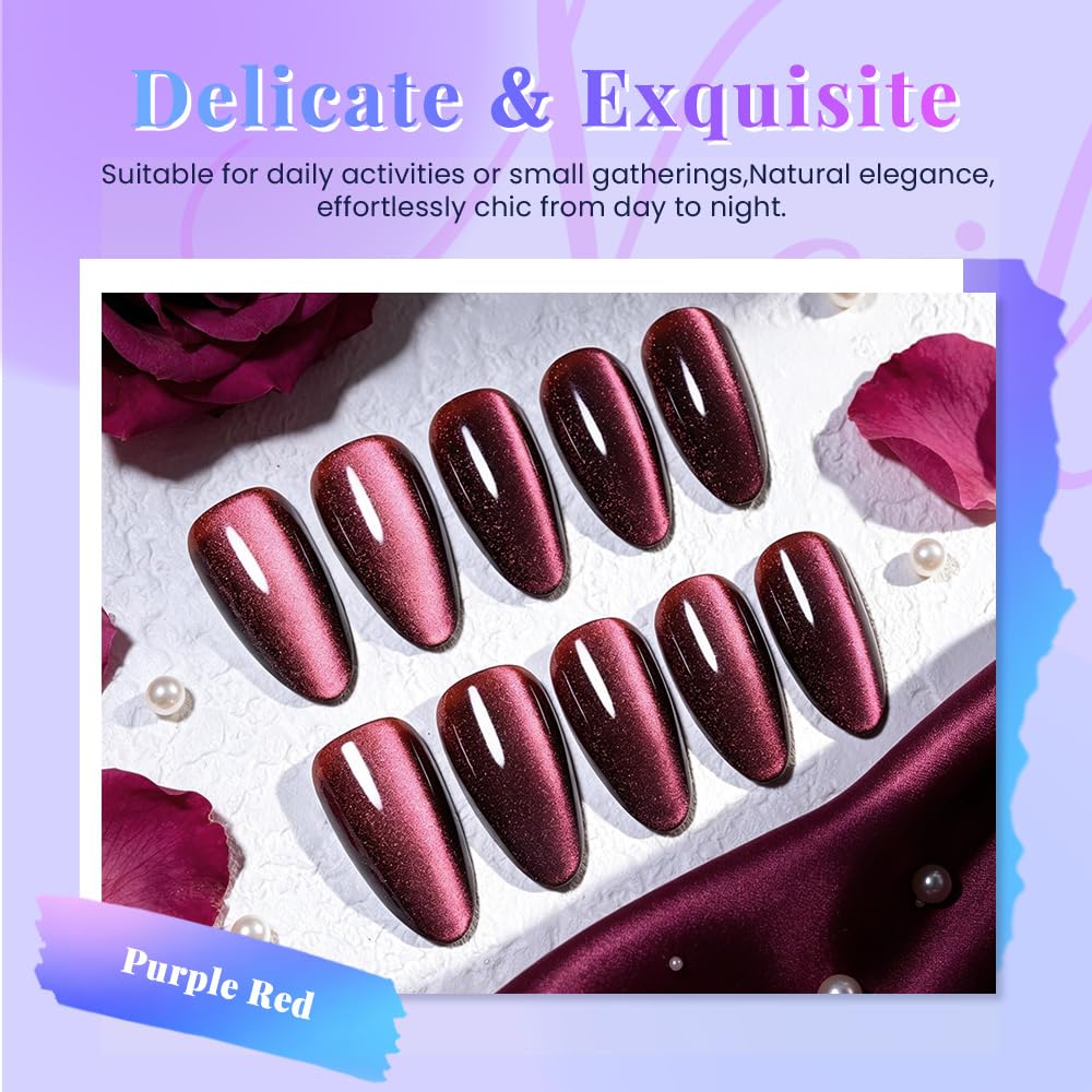 evpct Purple Red Cat Eye Chrome Press on Nails Almond Medium with Design, Holographic Medium Almond Stick on Fake Nails for Women, Glossy Cat Eye Effect, Perfectly Fit Salon-quality Soft False Nail