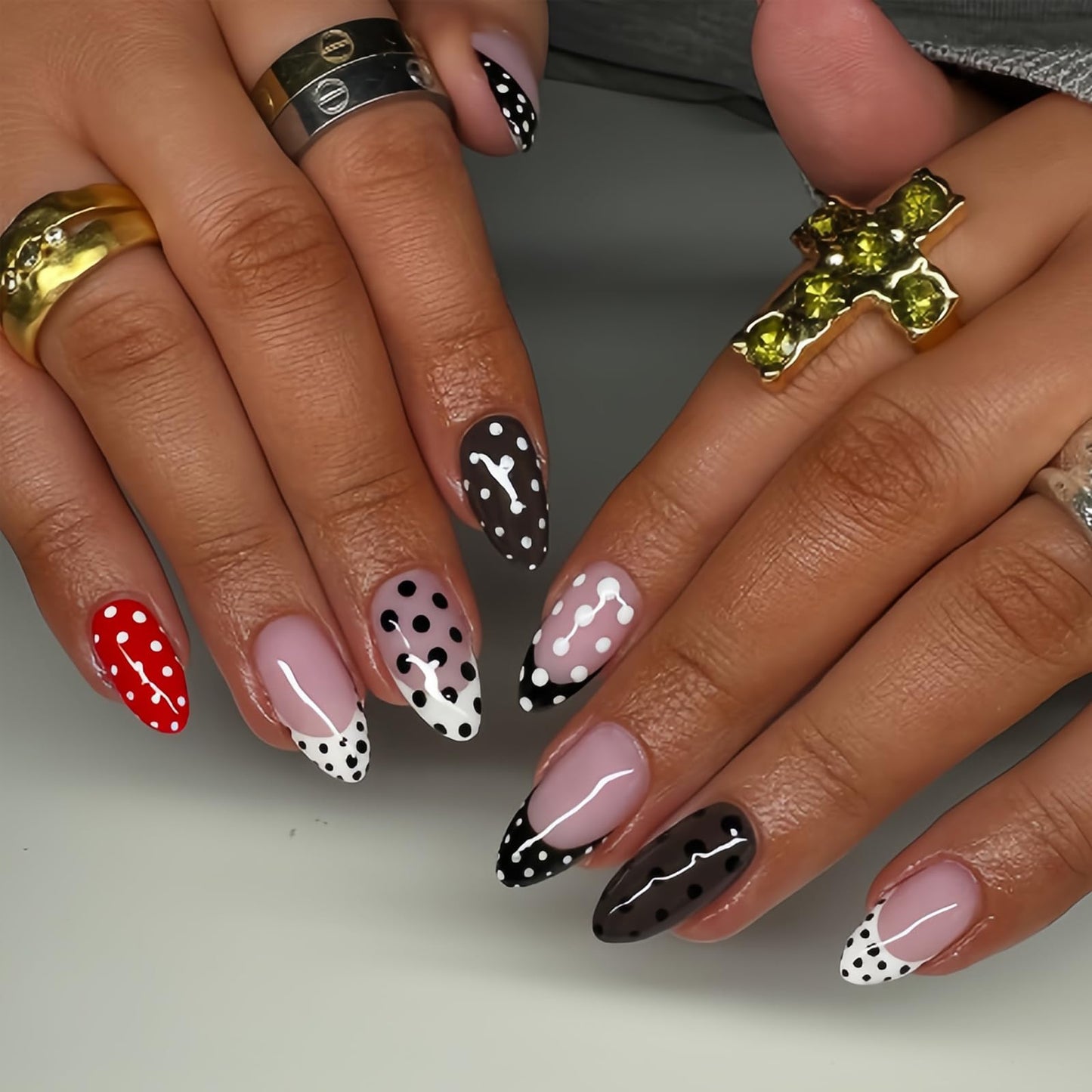IMSOHOT Polka Dot Press on Nails Almond Medium Fake Nails Red Black French Tip False Nails Full Cover Y2K DIY Artificial Glossy Glue on Nails for Women Girls 24Pcs