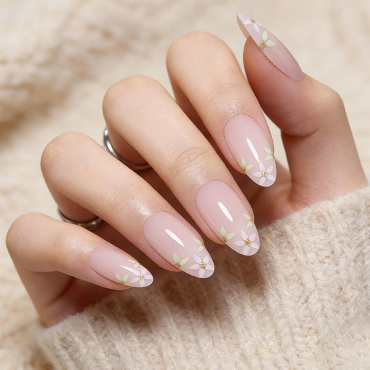 Goolich Baby Pink Press On Nails Medium Almond, Floral Print Nails Press ons Set with Adhesive Tabs, 24 Pcs 12 Size Reusable Full Cover Glue on Nails for Women