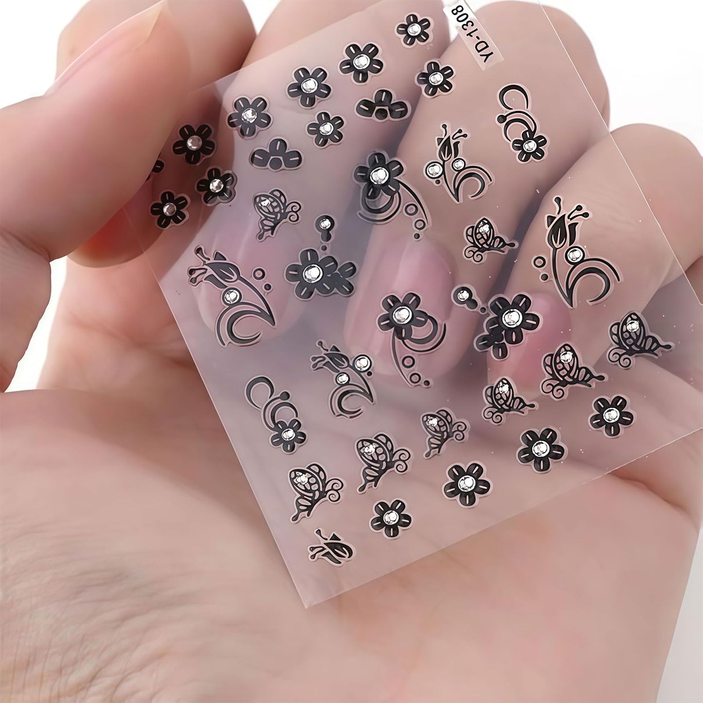 30 Sheets Black Flower Art Nail Stickers for Women Girls, 3D Rhinestones Self-Adhesive Decals Supplies, Floral Butterfly Heart Designs Accessories Decorations